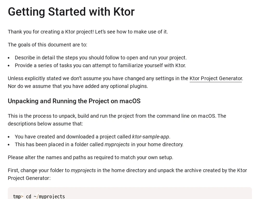 Ktorプロジェクトファイルがダウンロードされた後に表示されるチュートリアル画面のスクリーンショット