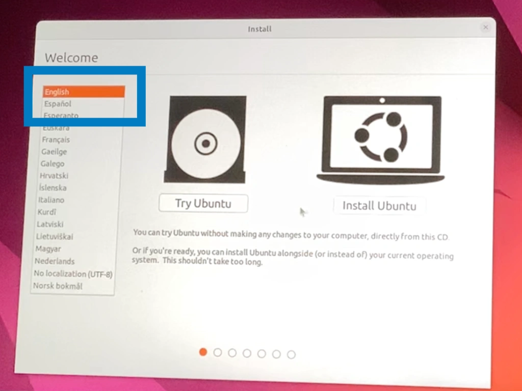 Ubuntuセットアップの言語選択の画像