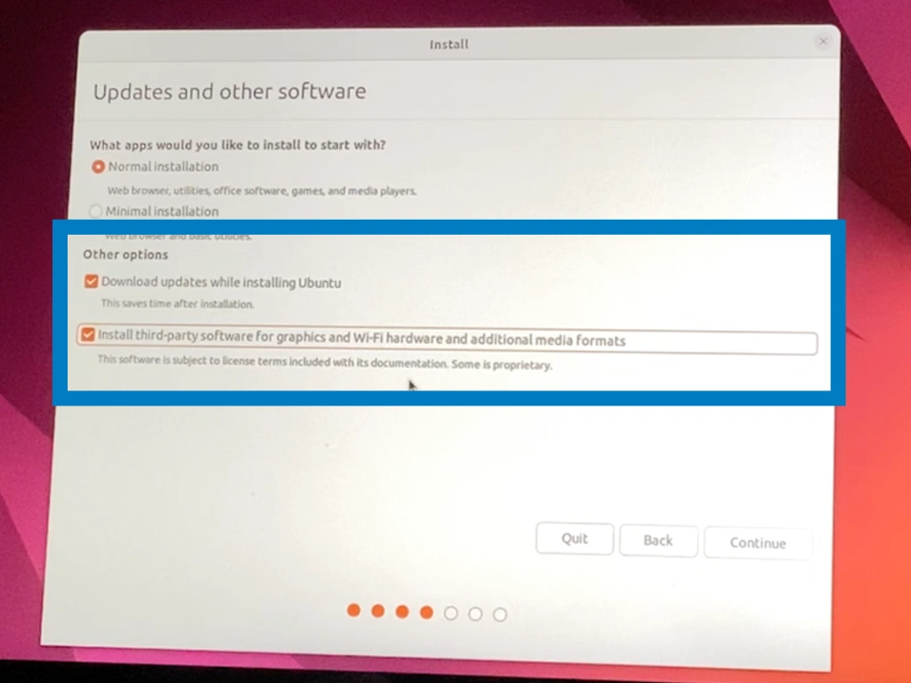 Ubuntuセットアップにおいて、インストール時のオプションを選択する画面の写真