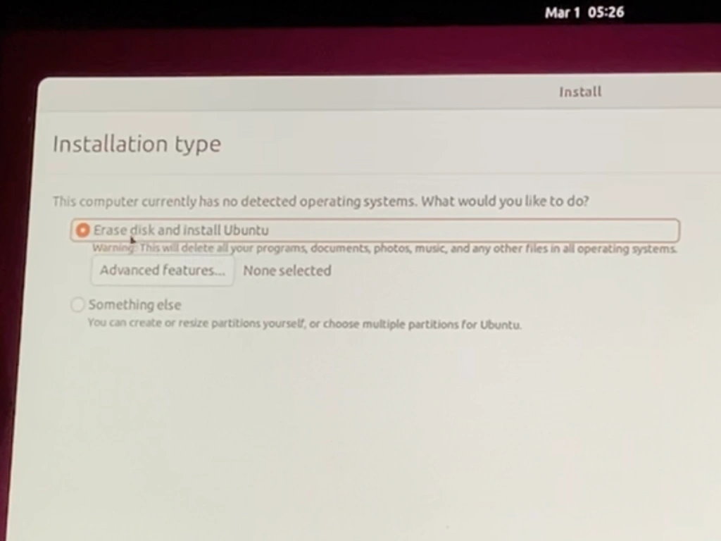 Ubuntuセットアップにおいて、インストールタイプを選択する画面の写真
