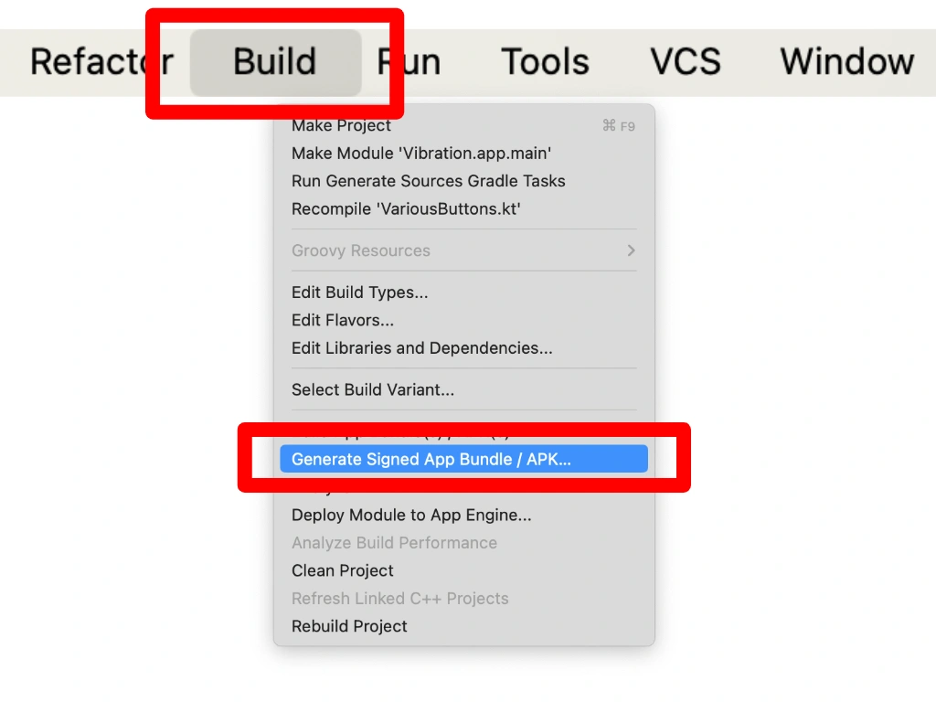 BuildメニューからGenerate Signed App Bundle or APK を選択