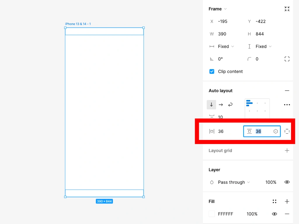 Horizontal padding（水平の余白）を36に、Vertical padding（垂直の余白）を36に設定