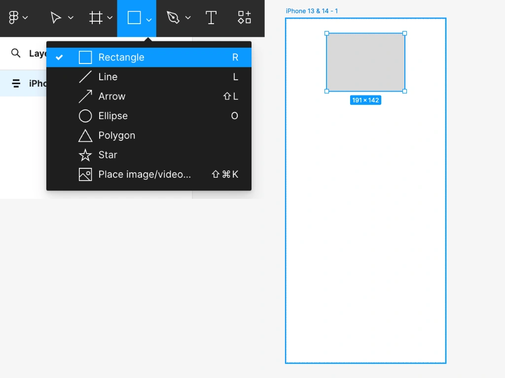 Rectangleを選び、フレーム内でドラッグ＆ドロップして四角形を描く